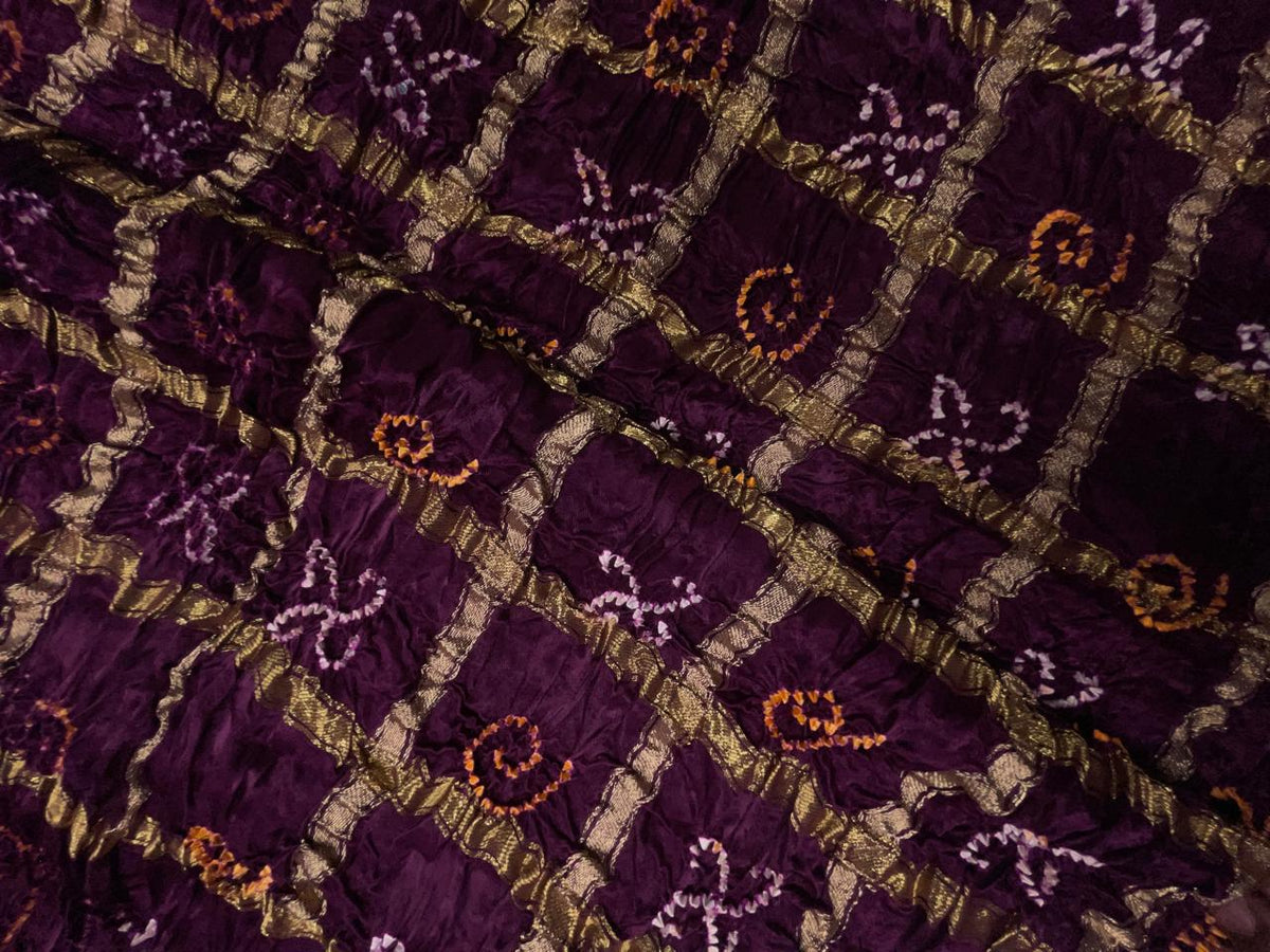 Dark Purple Checks Pure Bandhani Dupatta Fabric KTEX