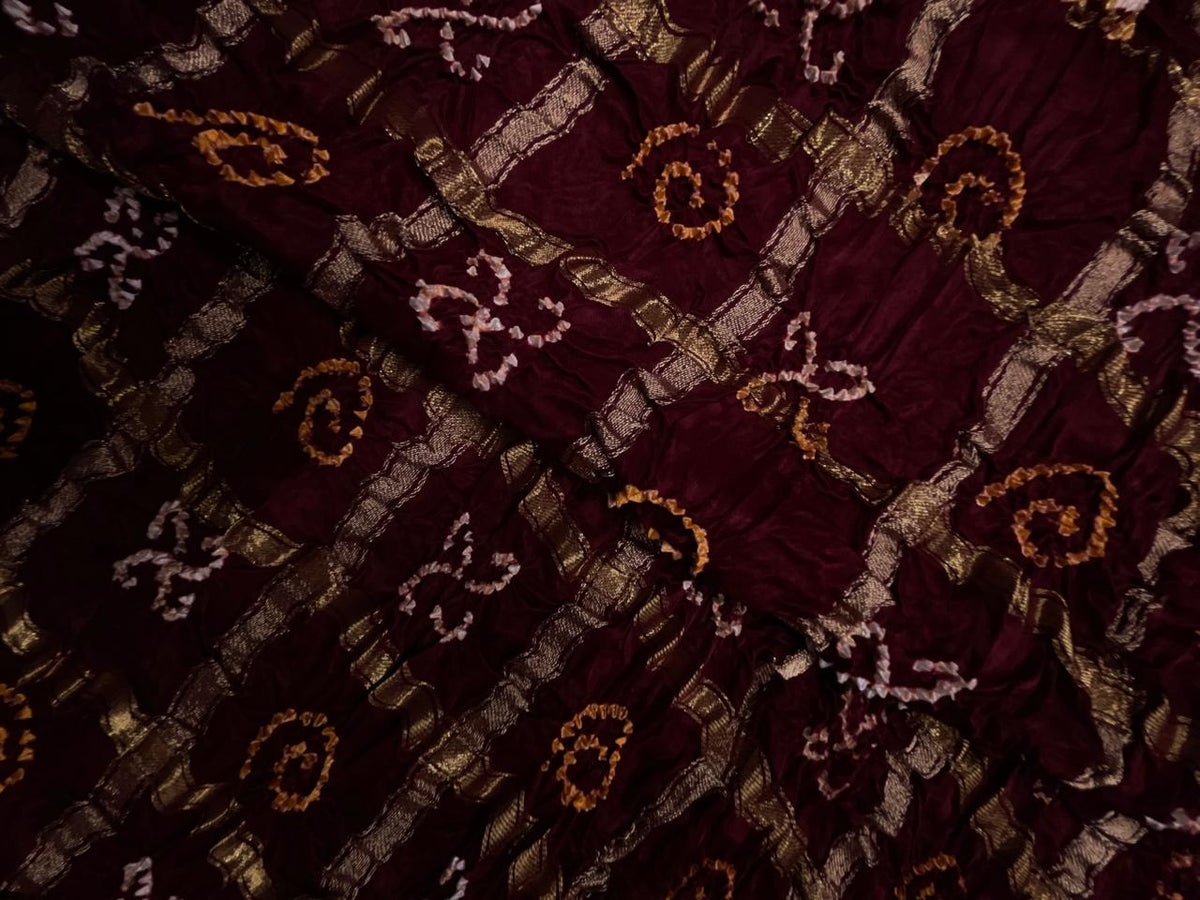 Dark Maroon Checks Pure Bandhani Dupatta Fabric KTEX