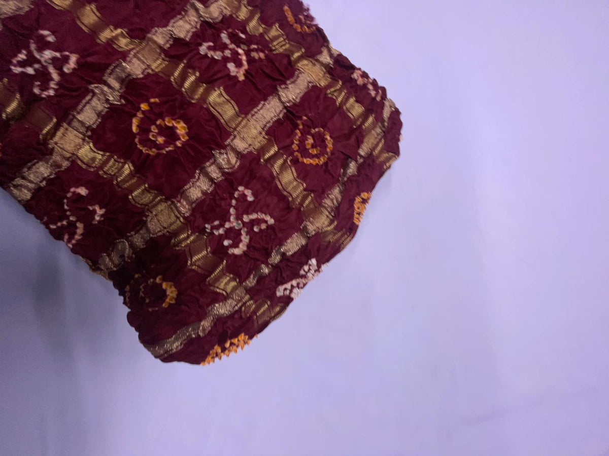 Dark Maroon Checks Pure Bandhani Dupatta Fabric KTEX