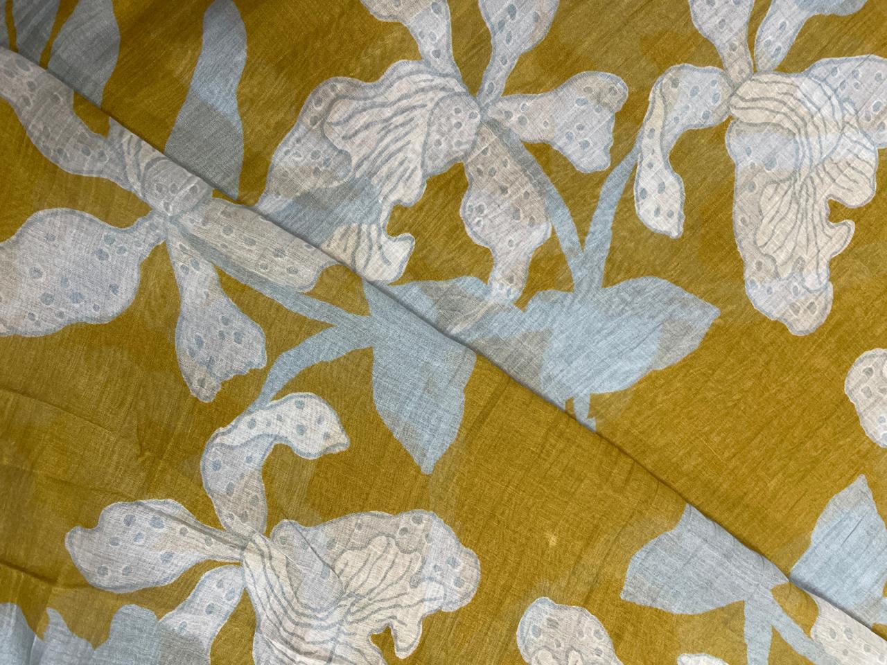 Mustard Grey Floral Pure Chanderi Fabric KTEX
