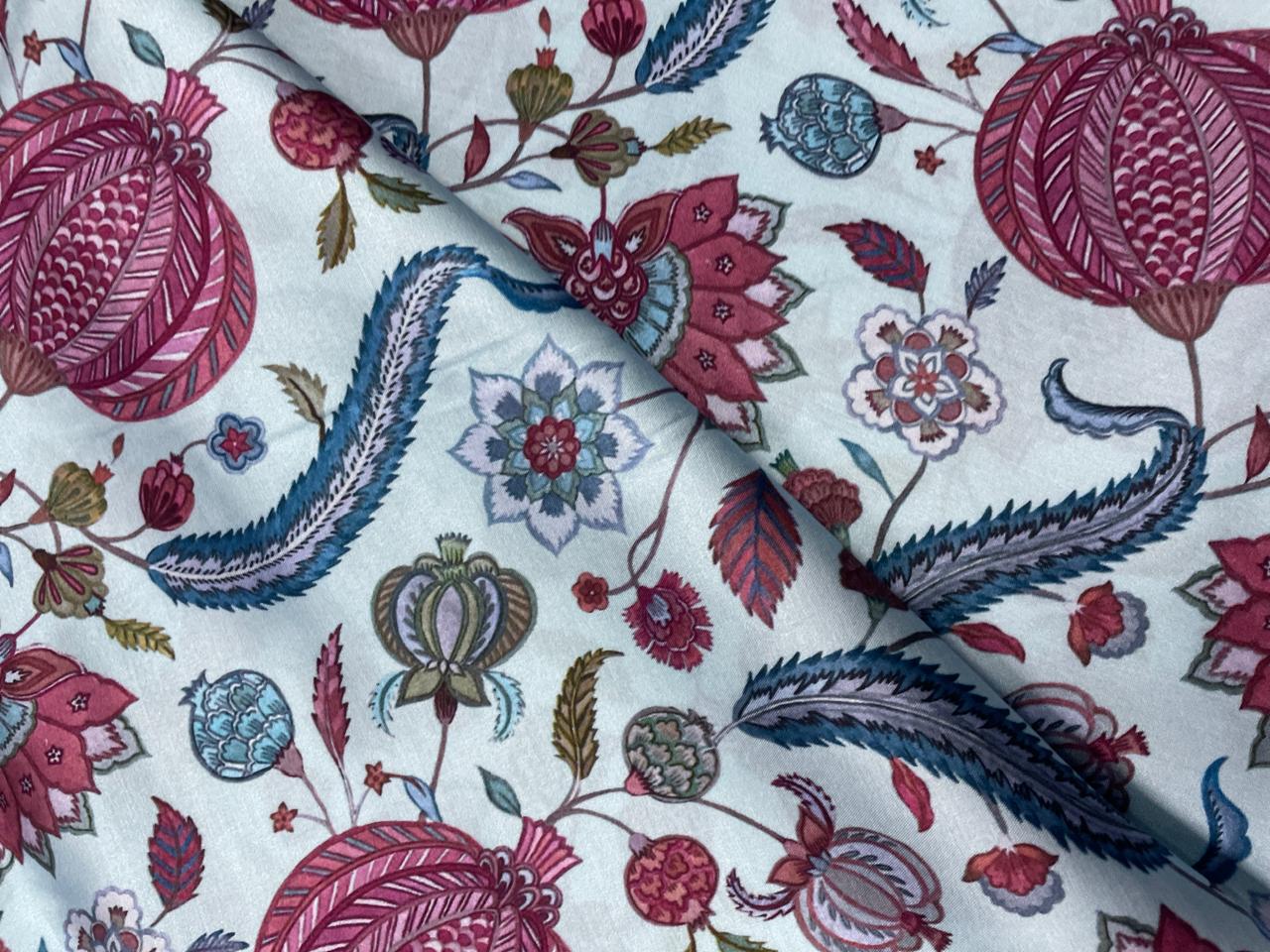 Sky Blue Floral Modal Satin Fabric KTEX