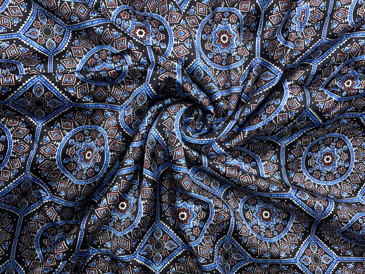 Black Blue Geometric Modal Satin Fabric KTEX