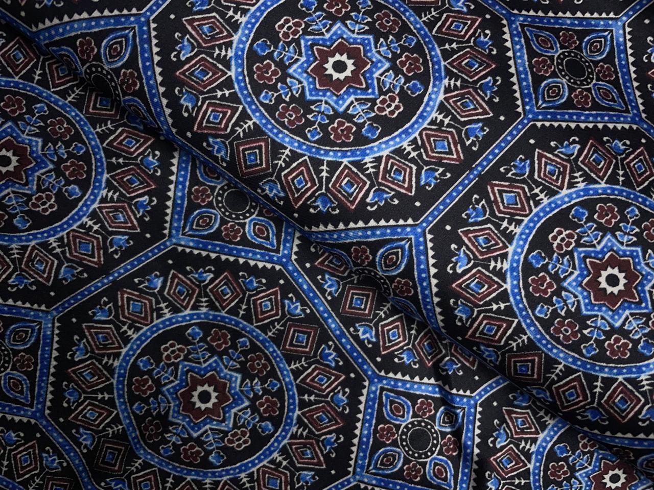 Black Blue Geometric Modal Satin Fabric KTEX