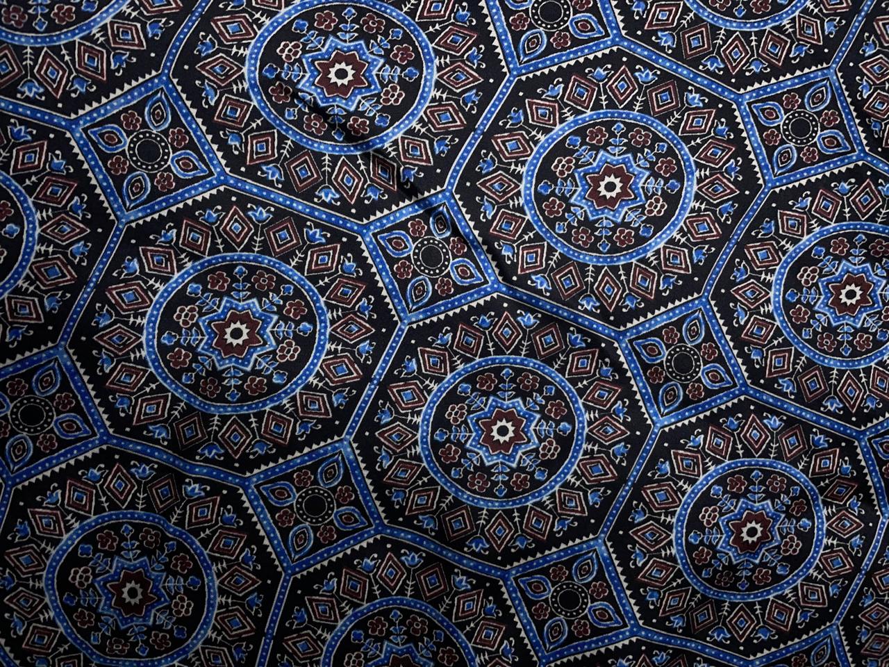 Black Blue Geometric Modal Satin Fabric KTEX