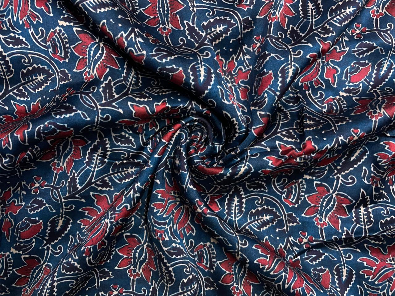 Dark Teal Blue Red Floral Modal Satin Fabric KTEX