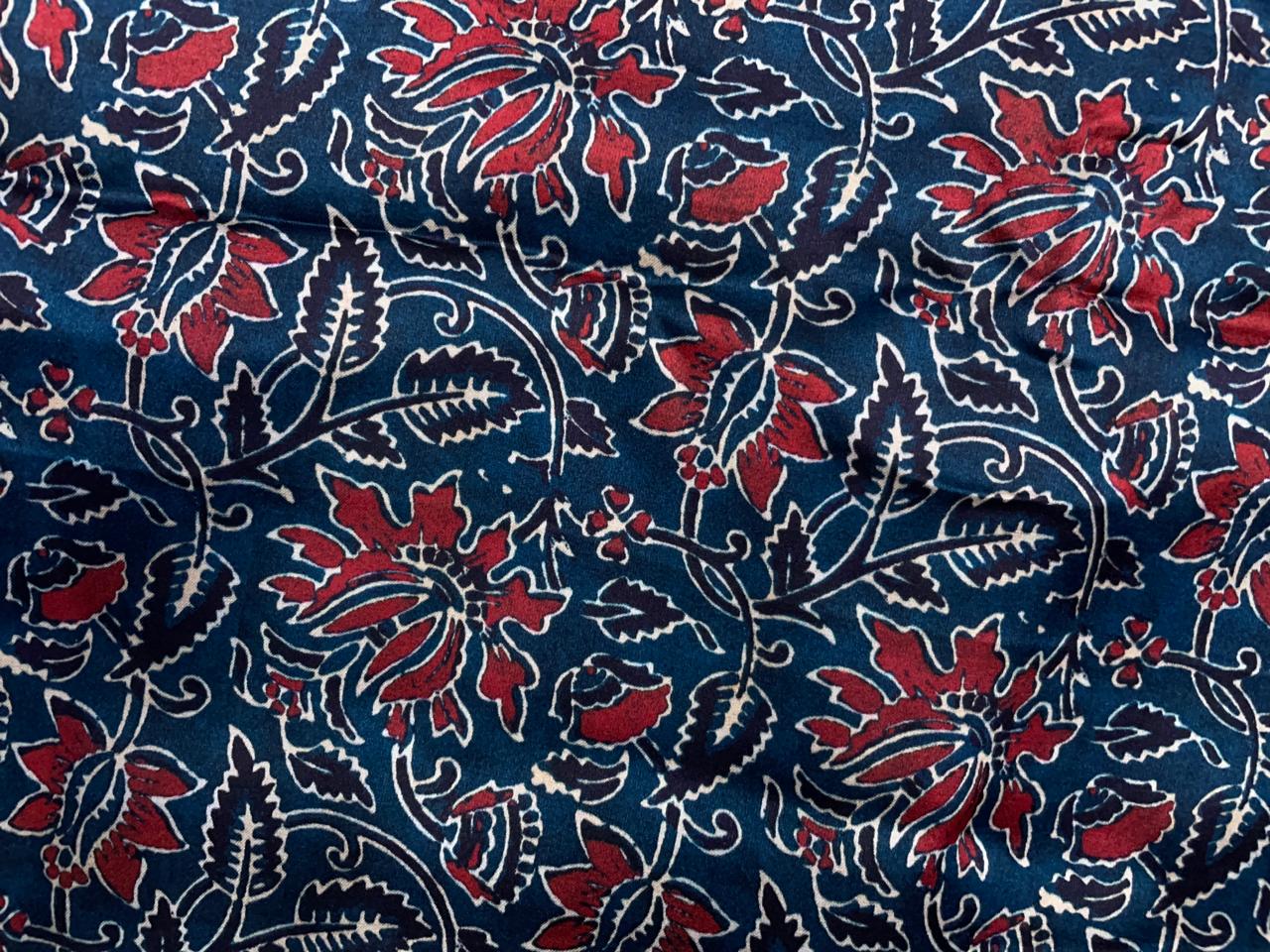 Dark Teal Blue Red Floral Modal Satin Fabric KTEX