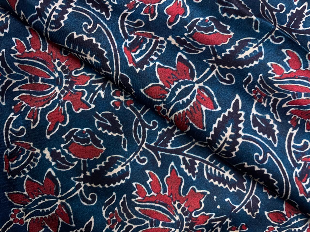 Dark Teal Blue Red Floral Modal Satin Fabric KTEX