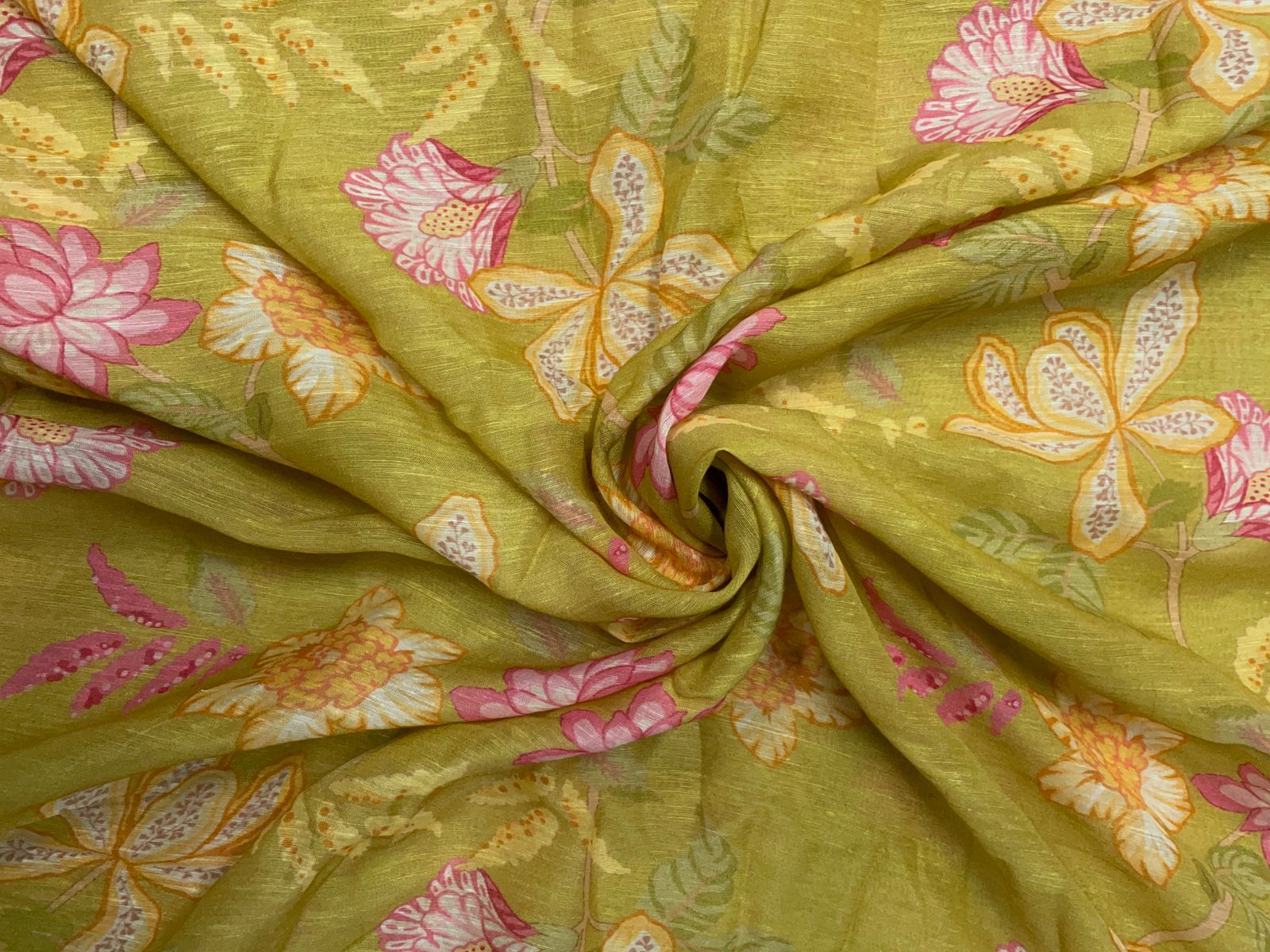 Yellow Floral Linen Organza Fabric KTEX