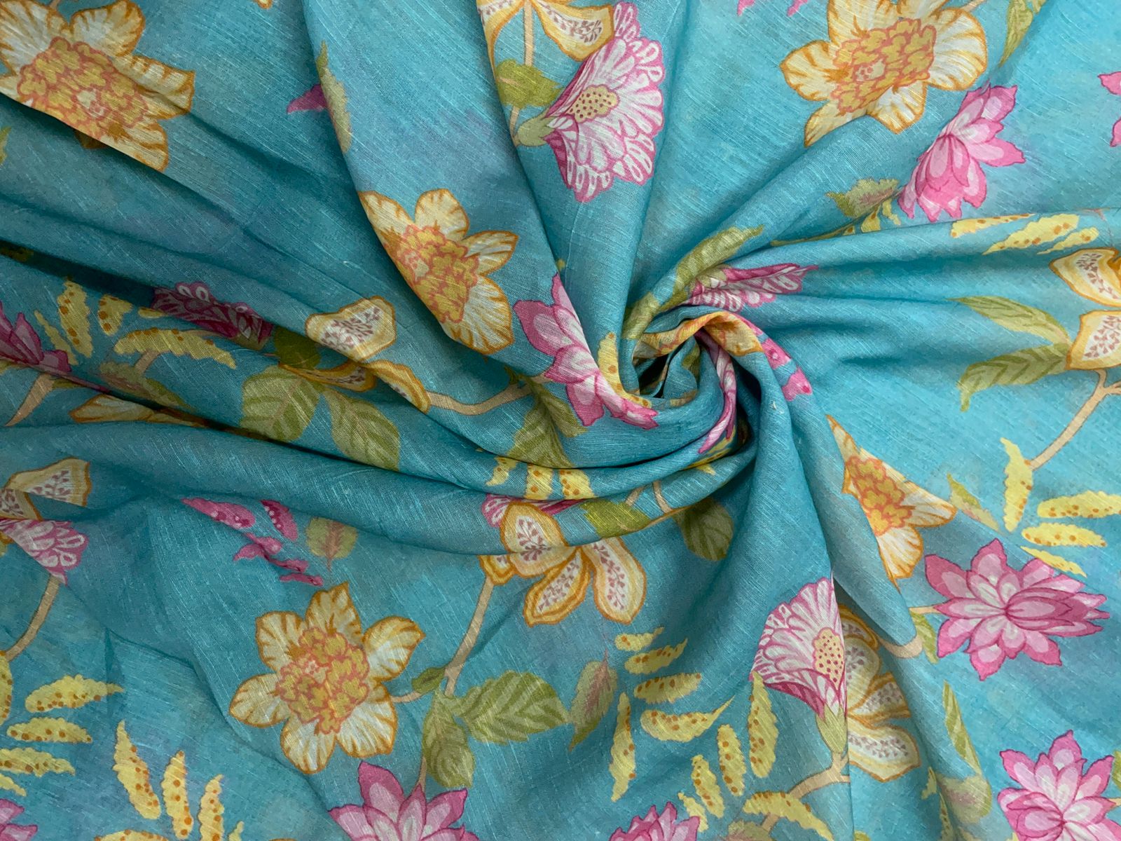 Sky Blue Floral Linen Organza Fabric KTEX
