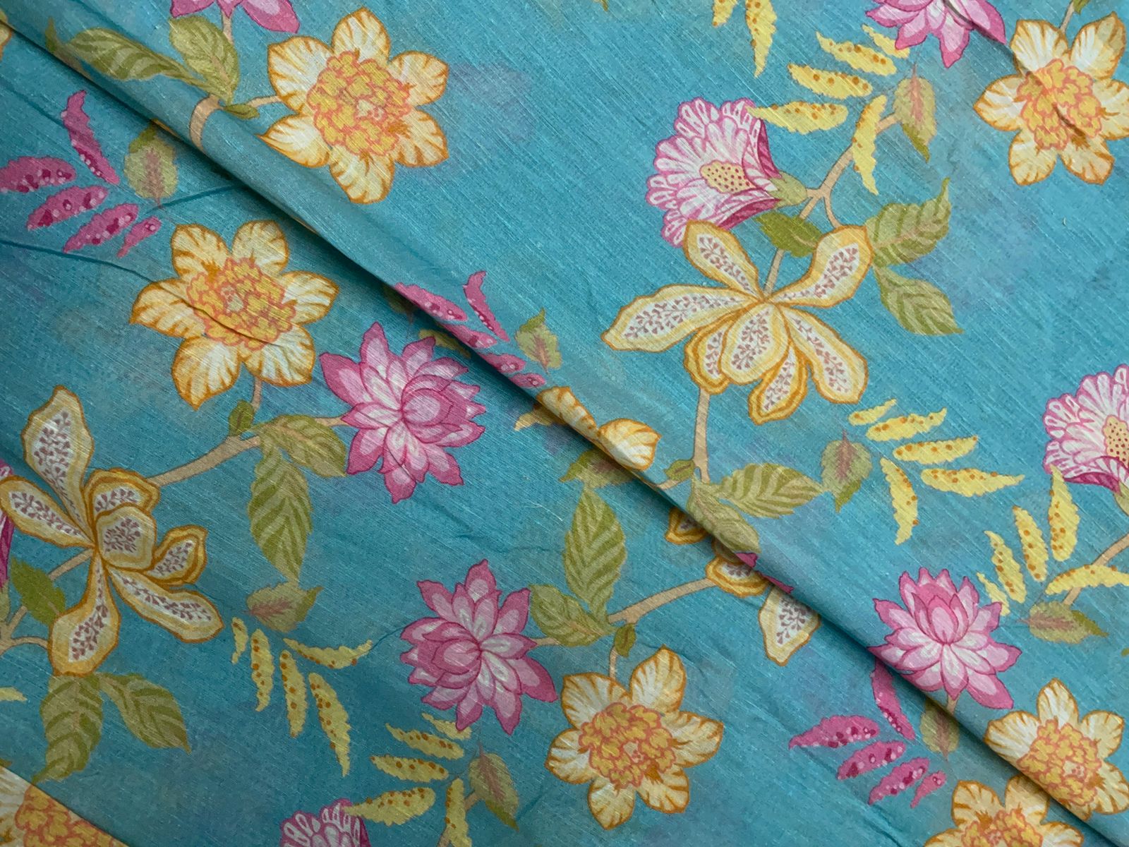 Sky Blue Floral Linen Organza Fabric KTEX