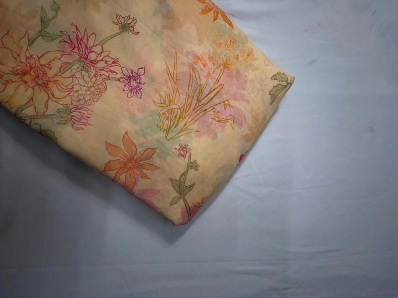 Peach Floral Pure Chanderi Fabric KTEX