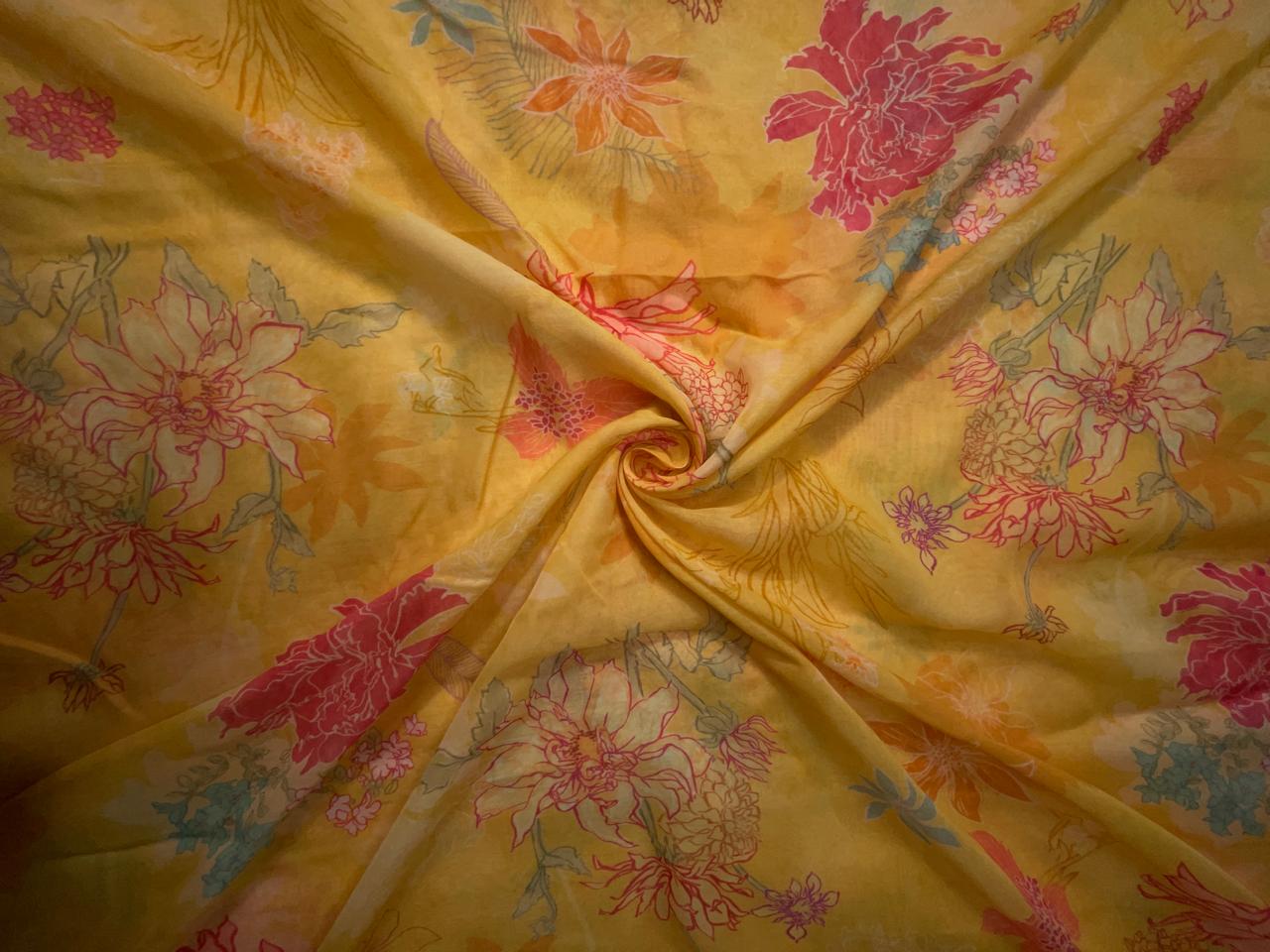 Yellow Floral Pure Chanderi Fabric KTEX
