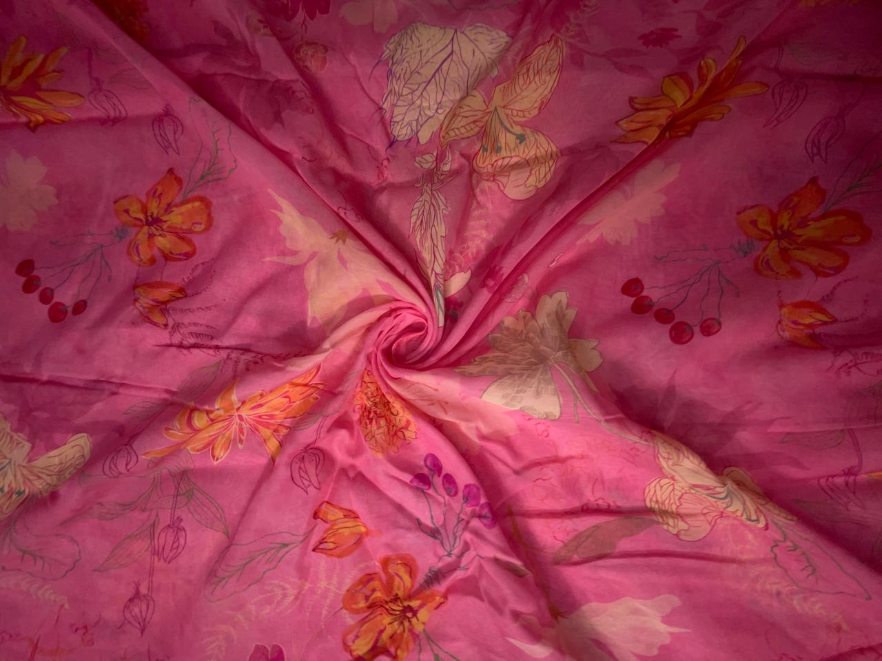 Pink Floral Pure Chanderi Fabric KTEX