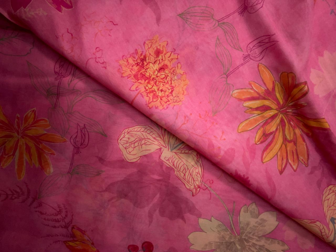 Pink Floral Pure Chanderi Fabric KTEX