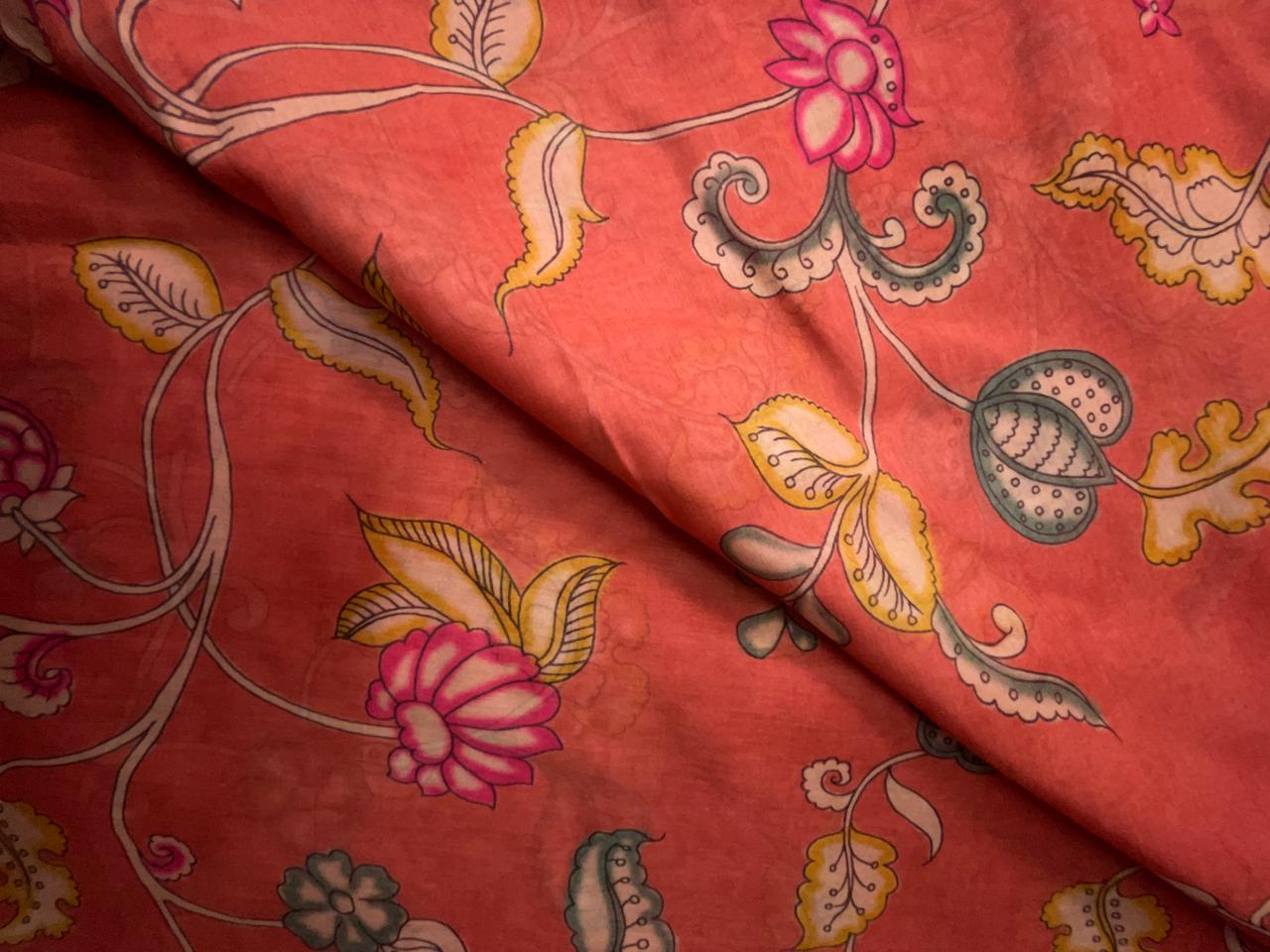 Dark Orange Floral Pure Chanderi Fabric KTEX