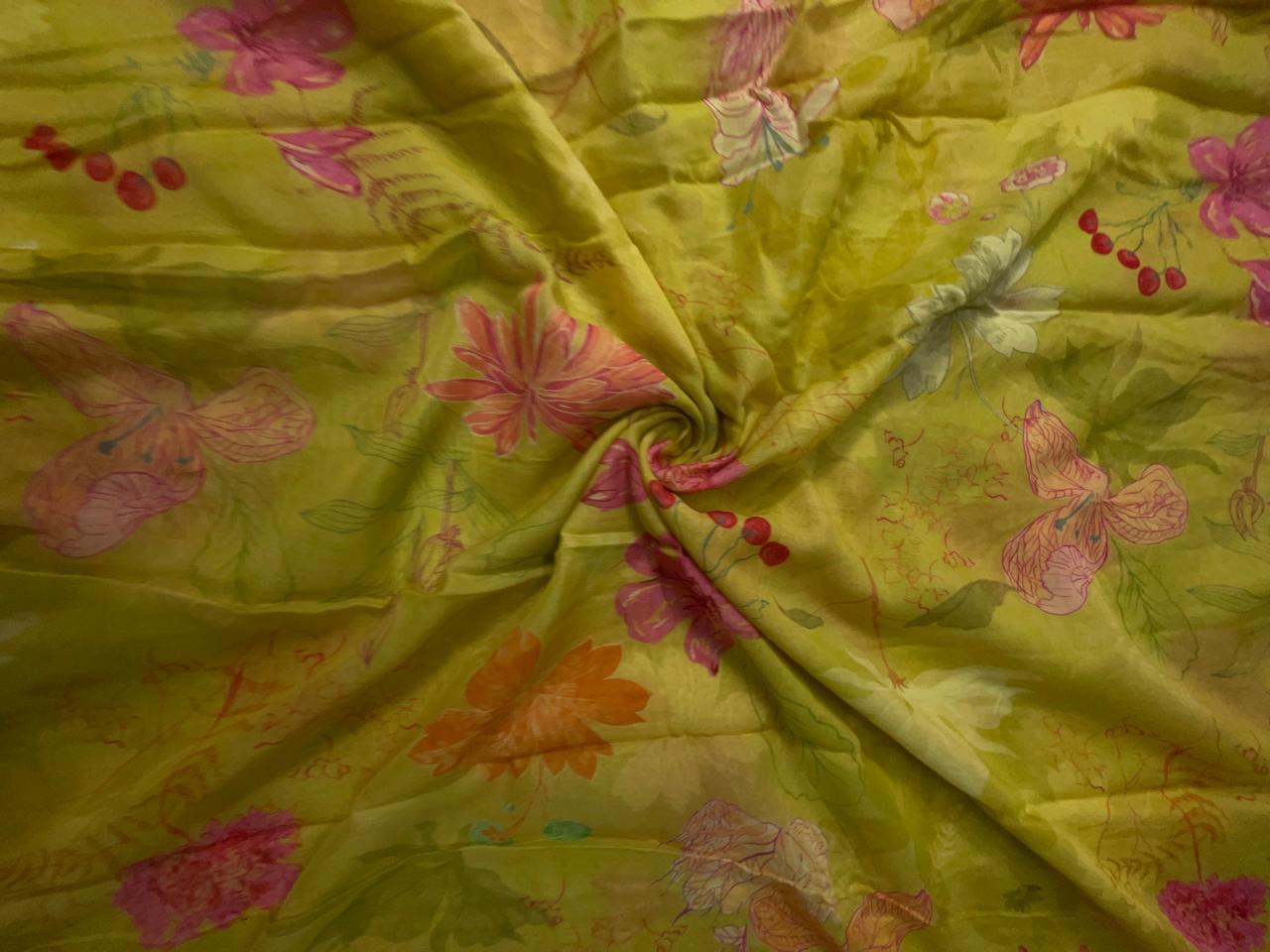 Light Yellow Floral Pure Chanderi Fabric KTEX