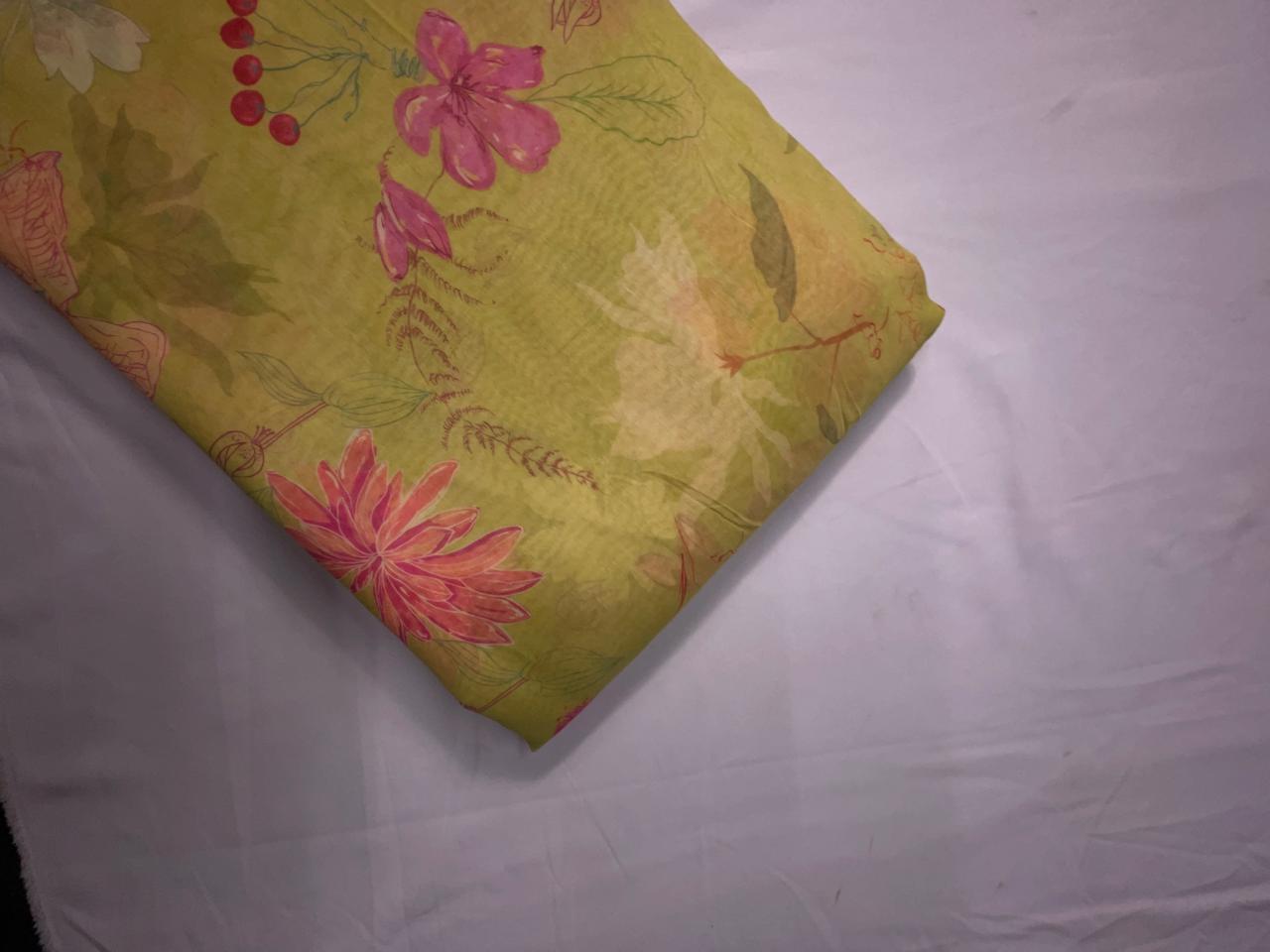 Light Yellow Floral Pure Chanderi Fabric KTEX