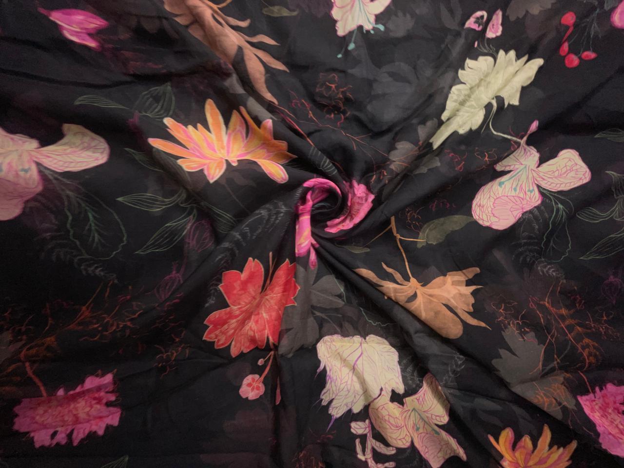 Black Floral Pure Chanderi Fabric KTEX