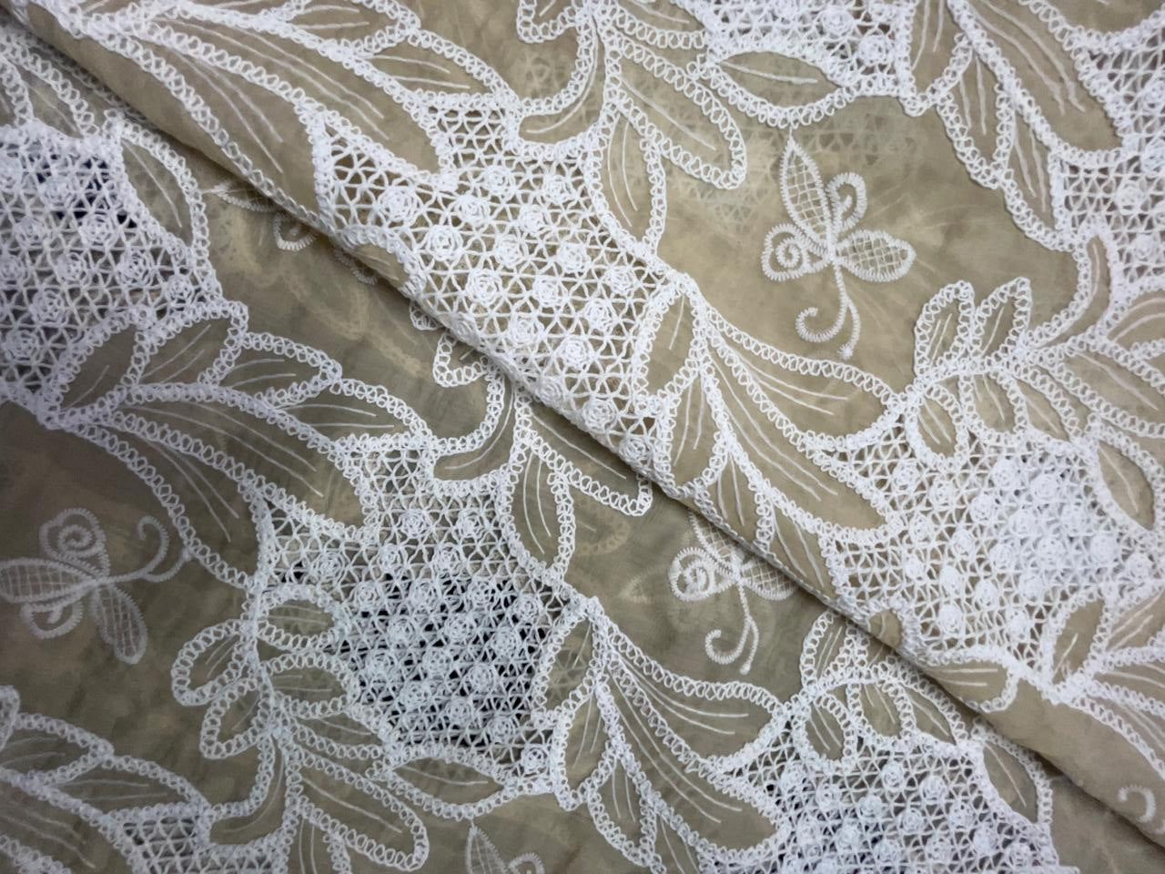 Beige Floral Tencel Prada Embroidery Fabric KTEX
