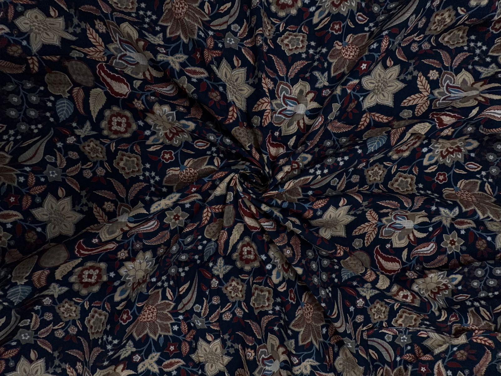 Navy Blue & Red Floral Cotton Slub Fabric KTEX