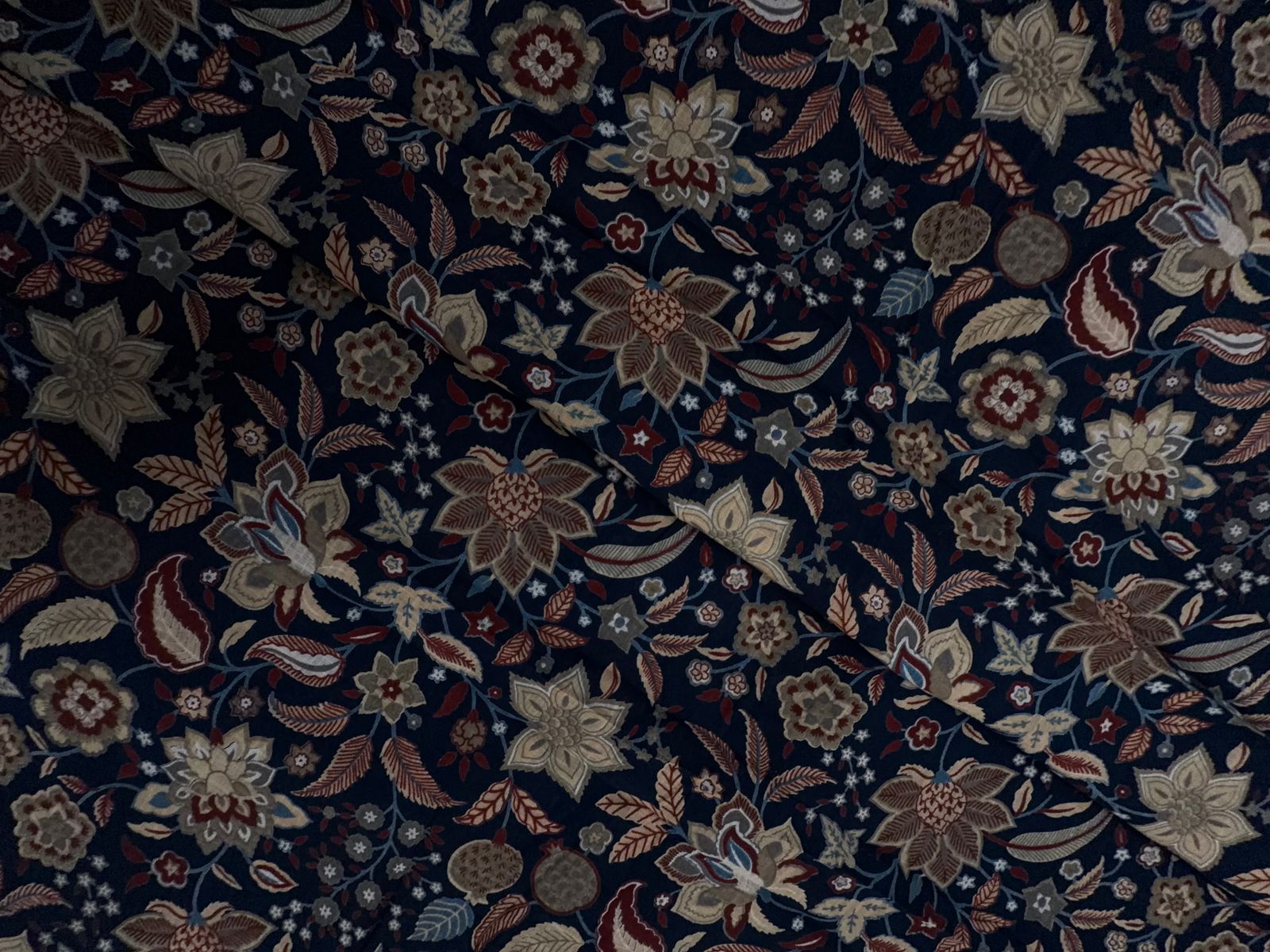 Navy Blue & Red Floral Cotton Slub Fabric KTEX