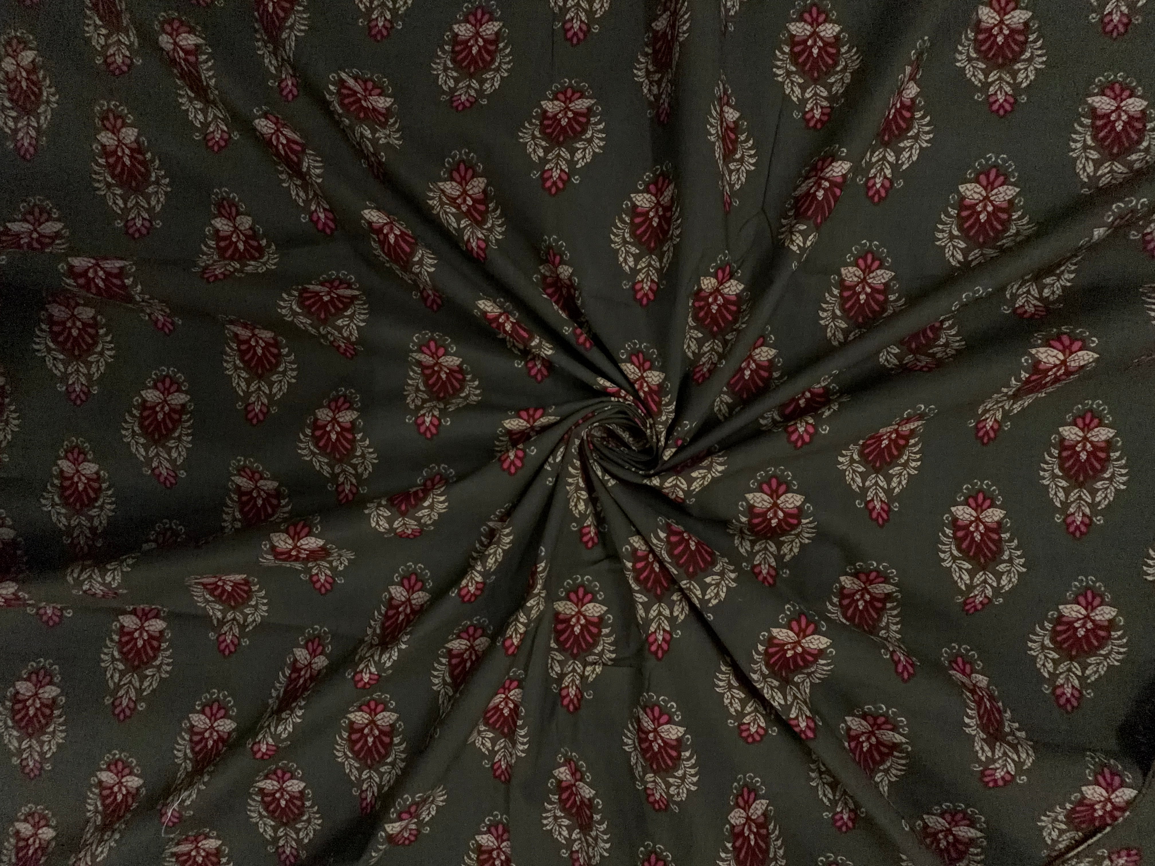 Brown & Red Floral Cotton Cambric Fabric KTEX