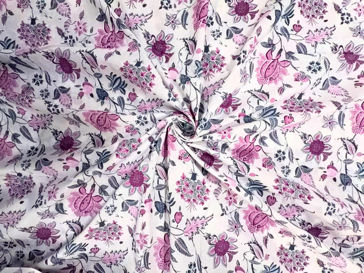 White & Purple Floral Cotton Cambric Fabric KTEX