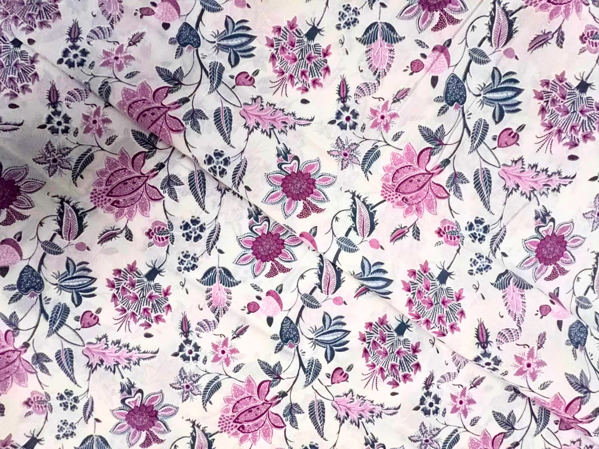 White & Purple Floral Cotton Cambric Fabric KTEX