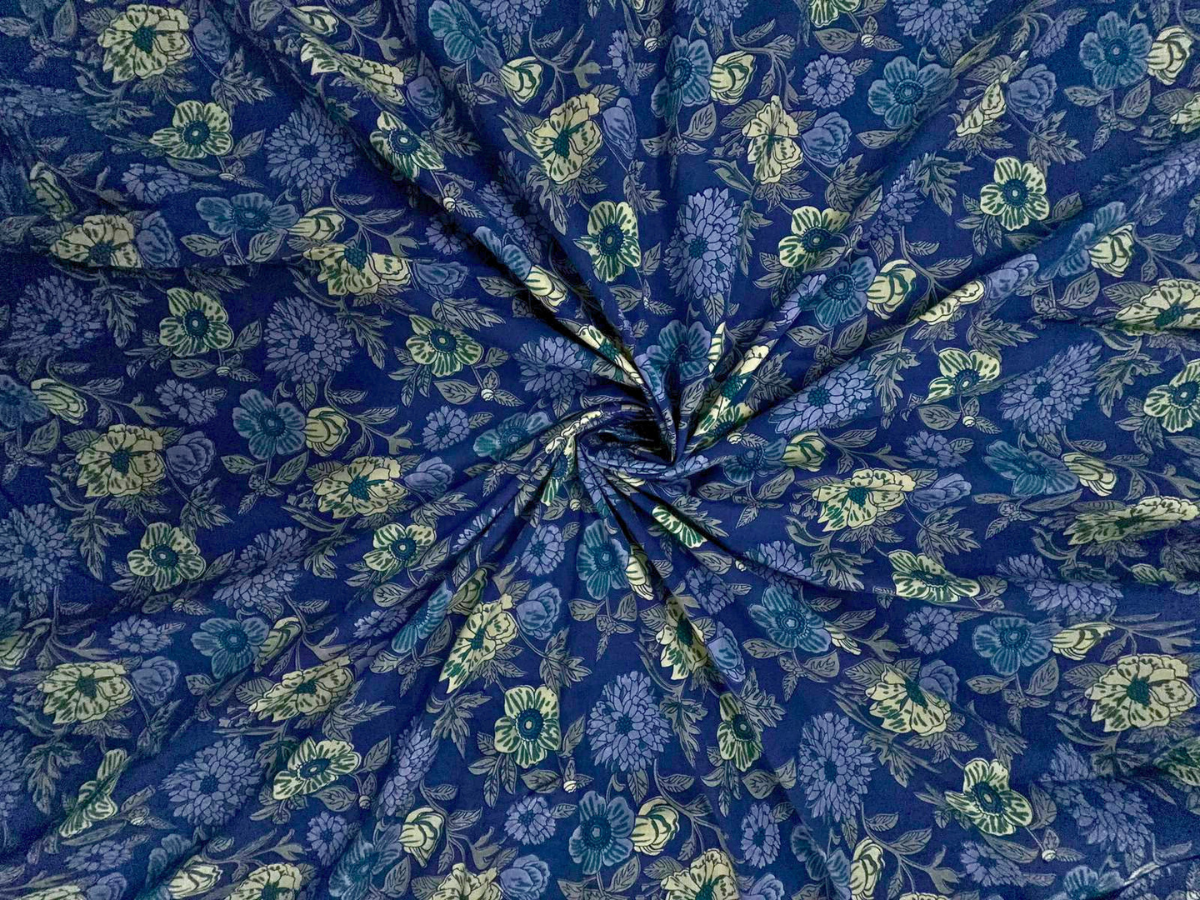Blue Floral Cotton Cambric Fabric KTEX
