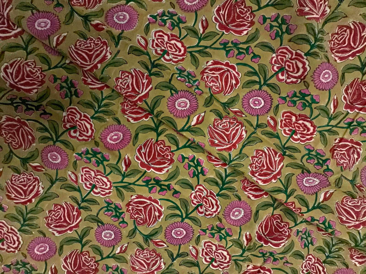 Beige Floral Cotton Cambric Rapid Fabric KTEX