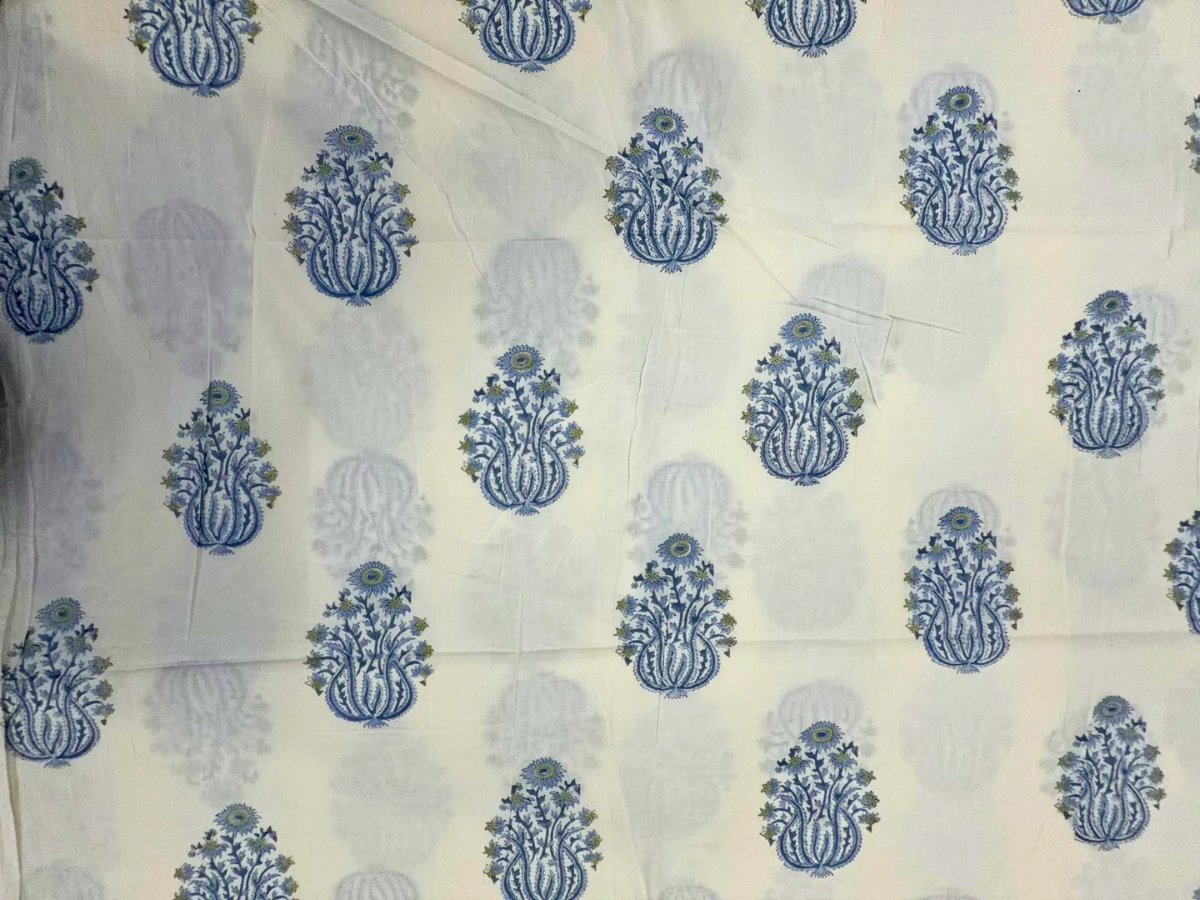 White & Blue Floral Cotton Cambric Fabric KTEX