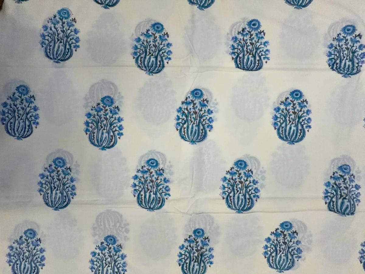 White & Sky Blue Floral Cotton Cambric Fabric KTEX