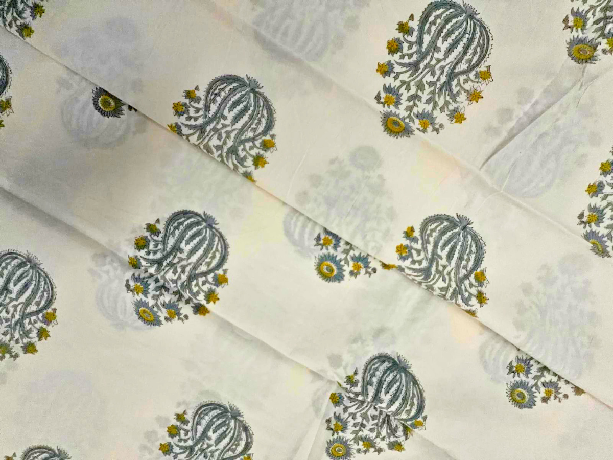 White & Grey Floral Cotton Cambric Fabric KTEX