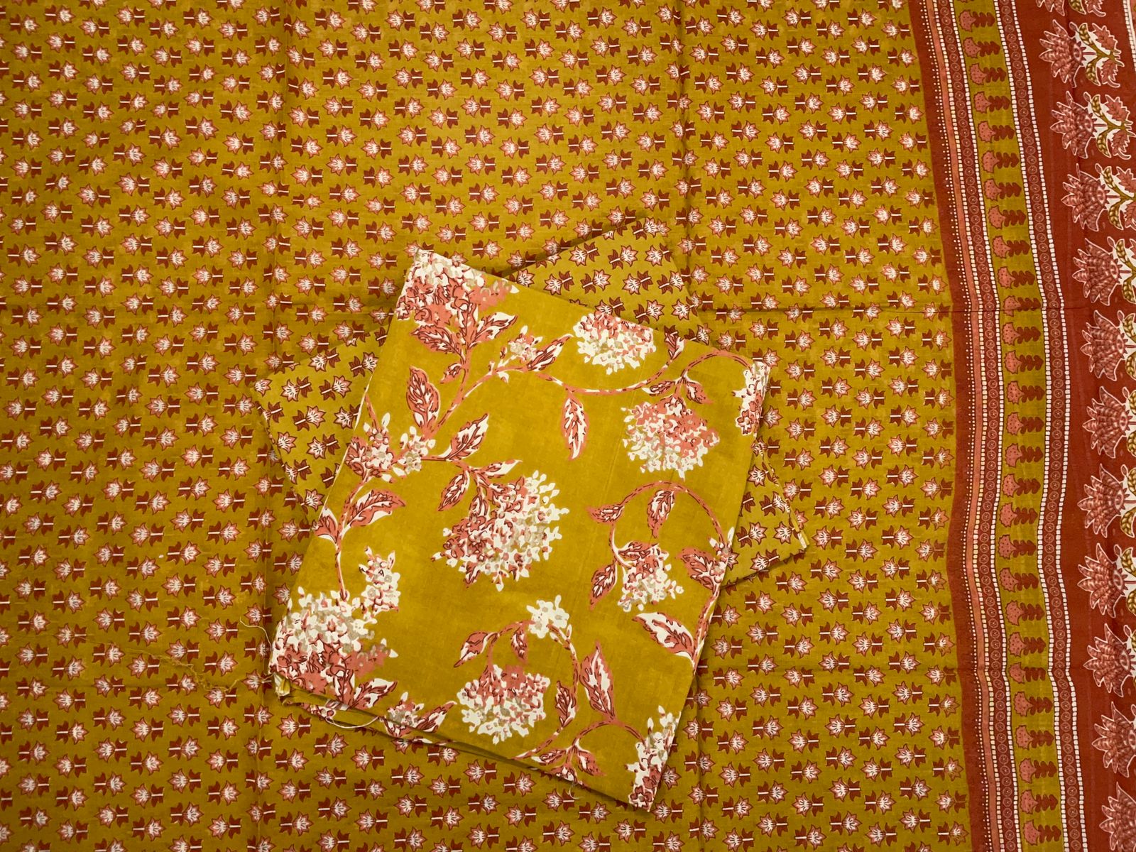 Mustard Floral Pure Cotton Suit Set With Dupatta KTEX