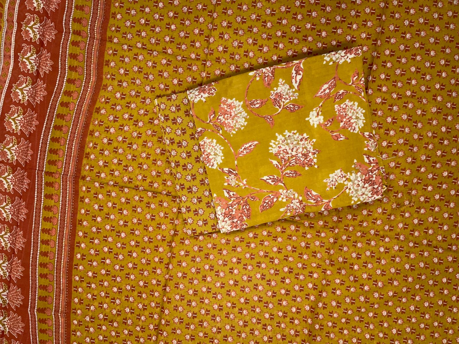 Mustard Floral Pure Cotton Suit Set With Dupatta KTEX