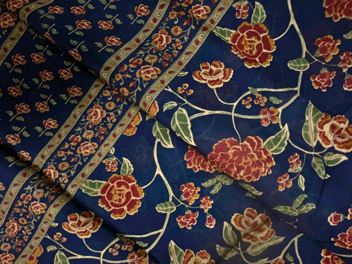 Navy Blue Floral Cotton Dupatta Fabric KTEX