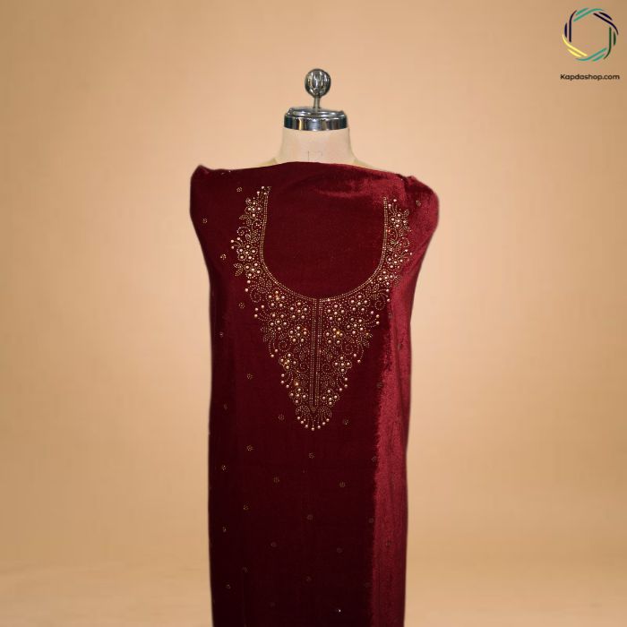 Red Wine Royal Embroidered Velvet Suit Set KTEX