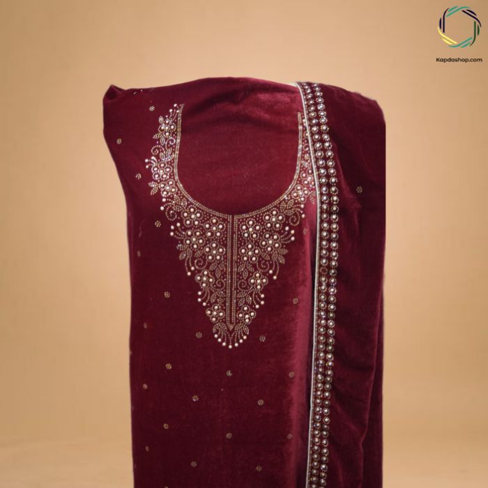 Red Wine Royal Embroidered Velvet Suit Set KTEX