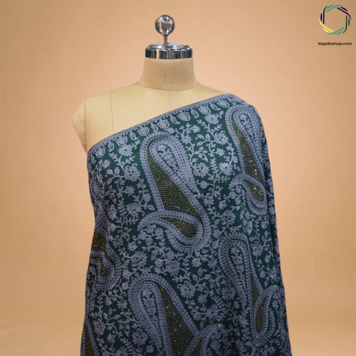 Paisley Whispers – Green Pure Georgette Dupatta with Aari Embroidery KTEX