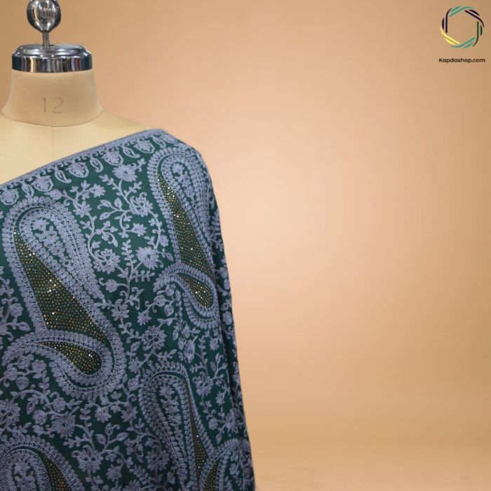 Paisley Whispers – Green Pure Georgette Dupatta with Aari Embroidery KTEX
