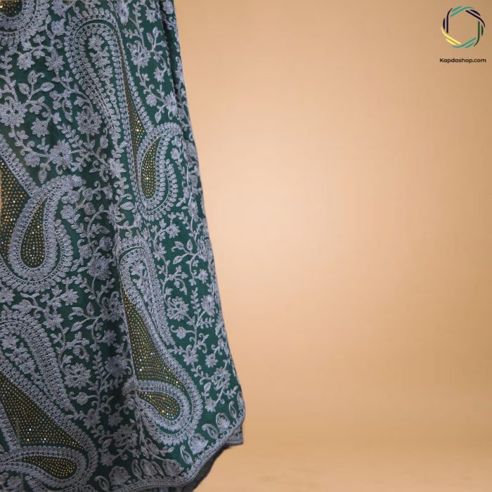 Paisley Whispers – Green Pure Georgette Dupatta with Aari Embroidery KTEX