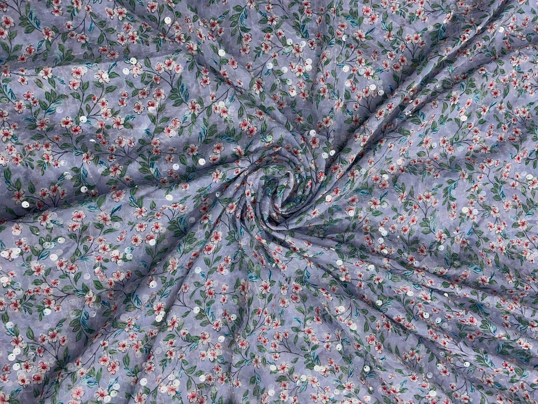 Light Lavender Floral Flat Sequence Chiffon Fabric - Kapda Shop