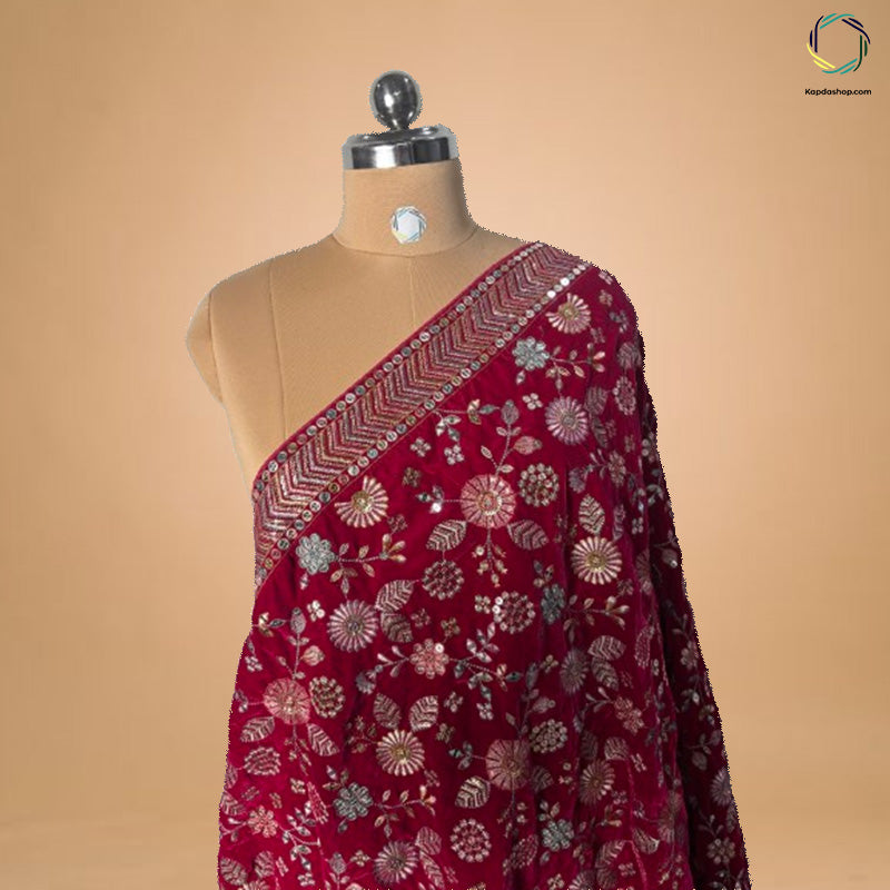 Magenta Floral With Embroiderd Work Velvet Dupatta - Kapda Shop