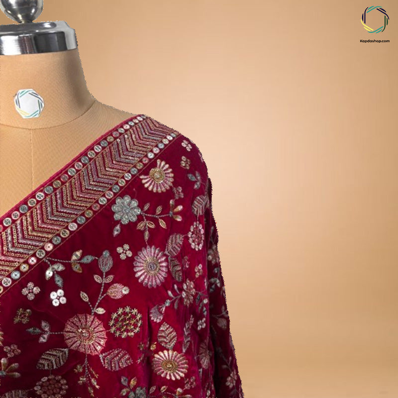 Magenta Floral With Embroiderd Work Velvet Dupatta - Kapda Shop