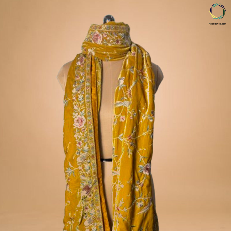 Yellow Floral Embroidered Velvet Dupatta - Kapda Shop