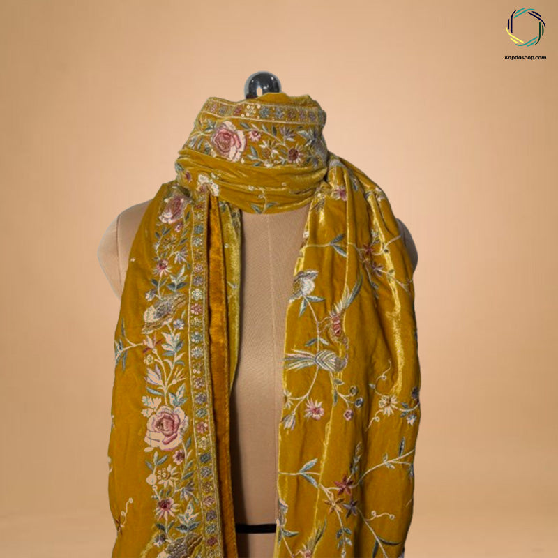 Yellow Floral Embroidered Velvet Dupatta - Kapda Shop