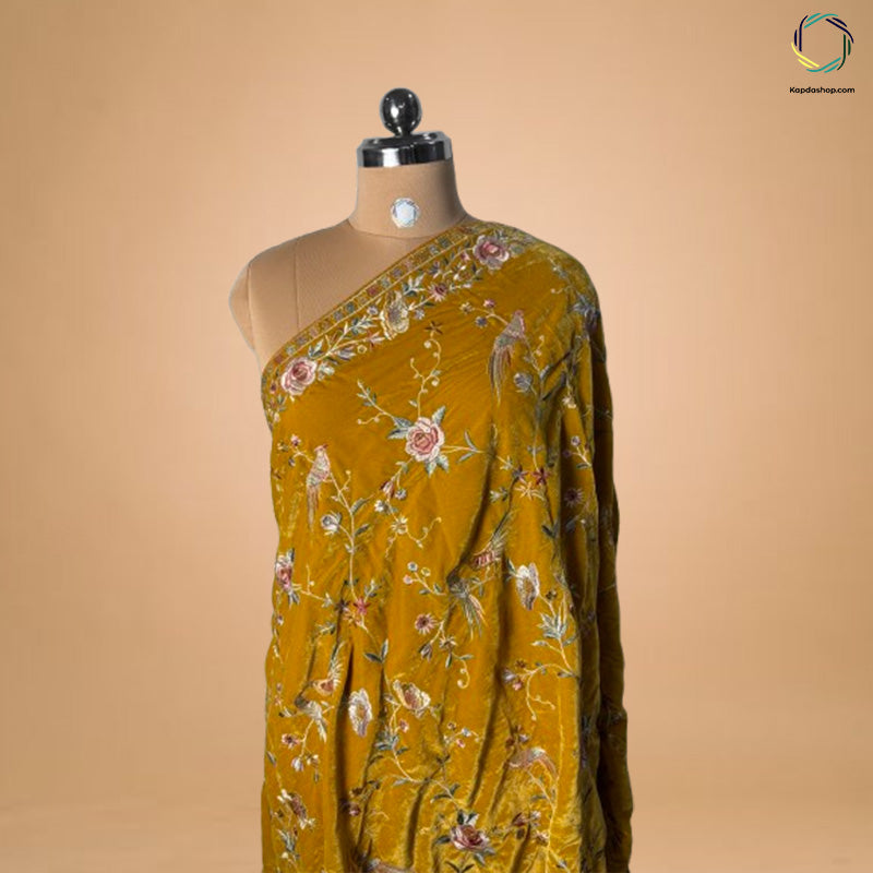 Yellow Floral Embroidered Velvet Dupatta - Kapda Shop