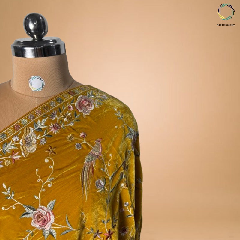 Yellow Floral Embroidered Velvet Dupatta - Kapda Shop