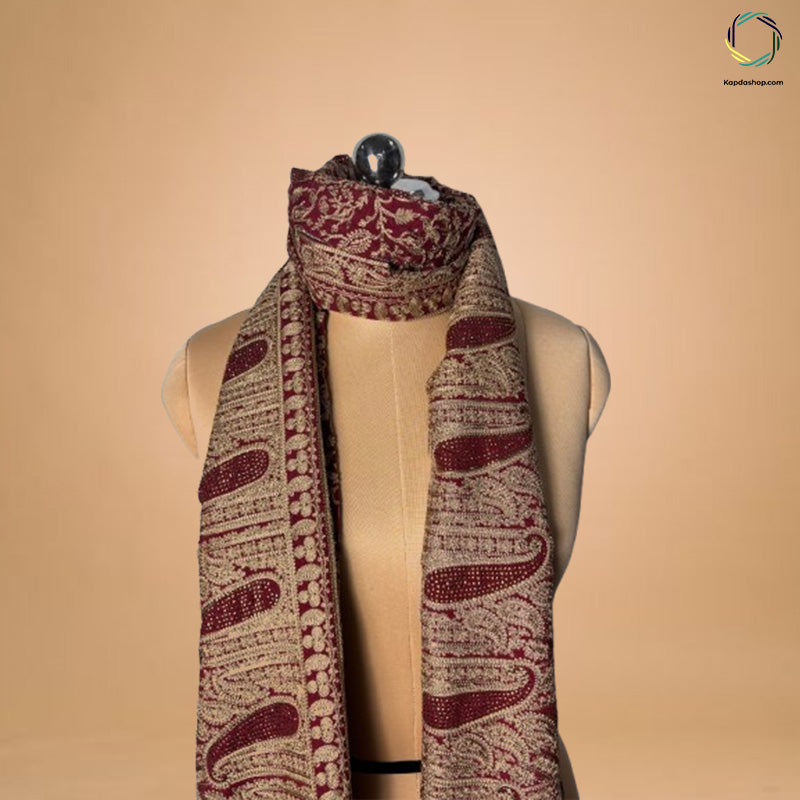 Maroon Paisley Aari Work Dupatta - Kapda Shop