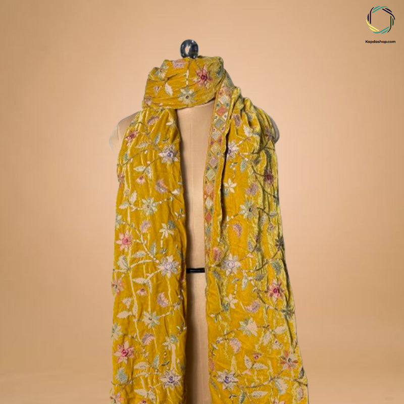 Yellow Floral With Embroidered Work Velvet Dupatta - Kapda Shop